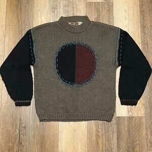 VTG Street Scenes Chunky Knit Sweater Mens M Abstract Art Thick Stitch 90s Retro